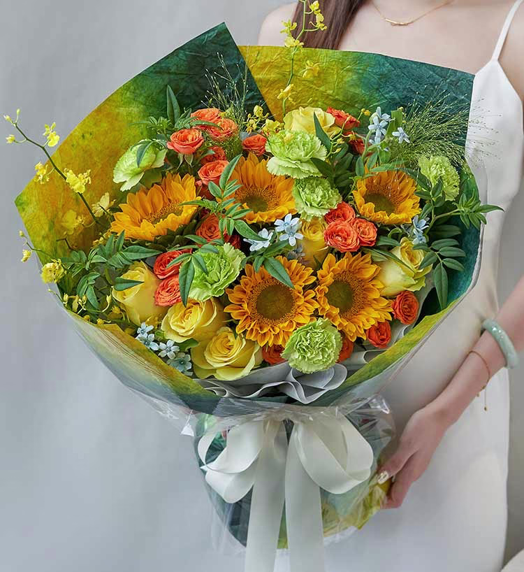 向日葵與香檳玫瑰花束